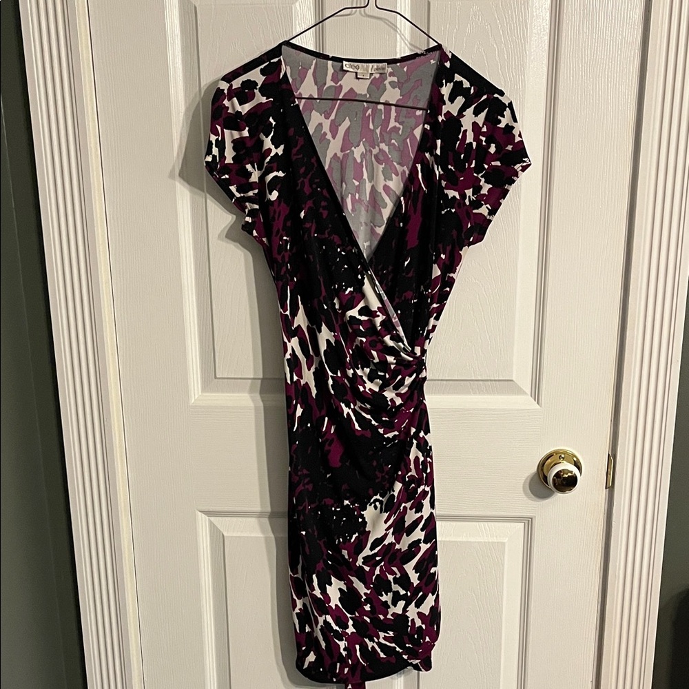 cleo Black, White & Burgundy Abstract Wrap Midi Dress
